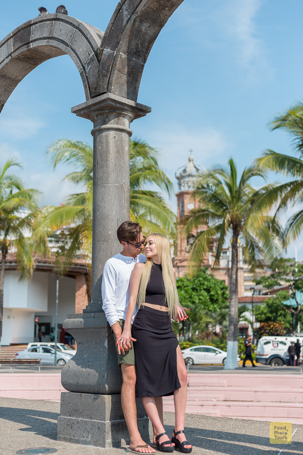Engagement Photo Shoot in Puerto Vallarta + couple of young American millenials on a private photo shoot through streets of Puerto Vallarta Downtown